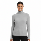 Women’s cashmere turtleneck sweater in light gray, long sleeves, ribbed collar