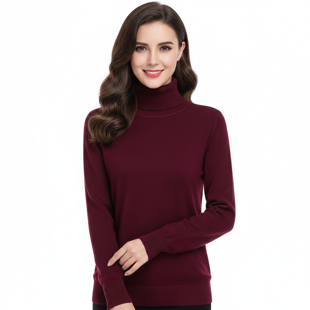 Women’s cashmere turtleneck sweater in deep red, long sleeves, slim fit