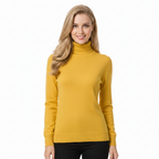 Women’s cashmere turtleneck sweater in mustard yellow, long sleeves