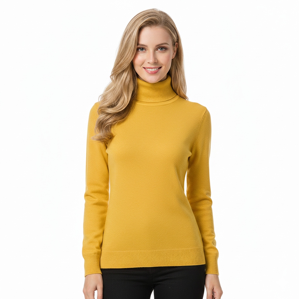 Women’s cashmere turtleneck sweater in mustard yellow, long sleeves