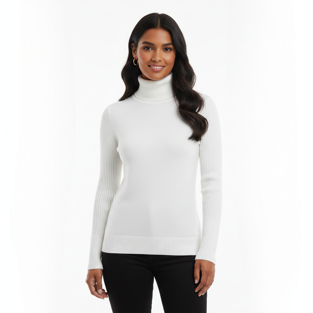 Women’s cashmere turtleneck sweater in white, long sleeves, ribbed hem