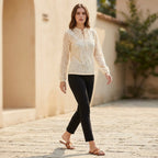 Sheer lace blouse in khaki with floral pattern and ruffle collar