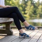 Blue orthopedic sandals with contoured footbed and adjustable straps
