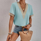 Women's relaxed-fit short-sleeve T-shirt blouse, teal with lace V-neck and sleeve trim