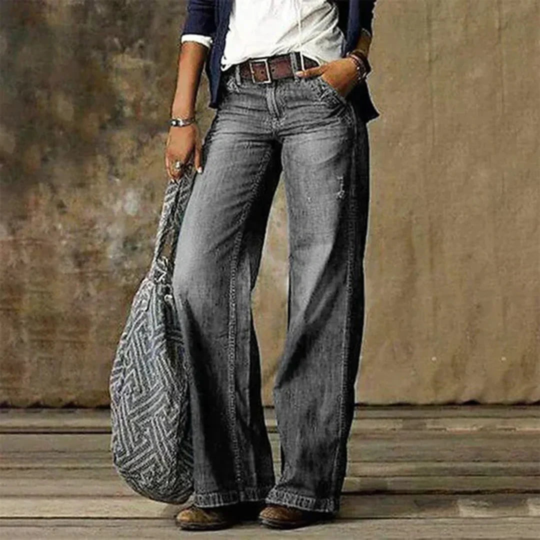 Low-rise wide-leg vintage jeans, gray wash, belt loops and front pockets