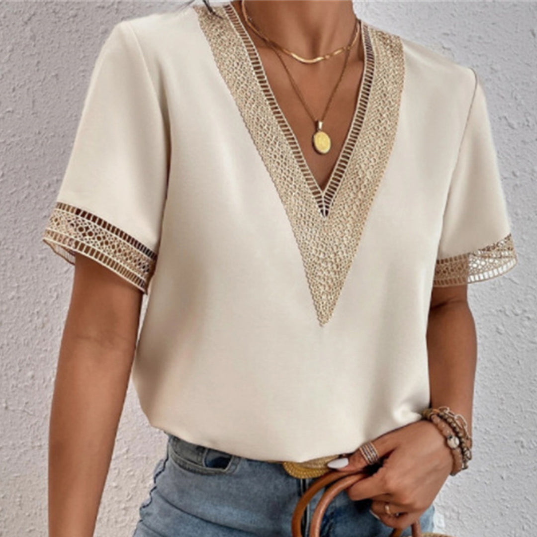 Women's relaxed-fit short-sleeve T-shirt blouse, cream with lace V-neck and sleeve trim