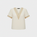Women's relaxed-fit short-sleeve T-shirt blouse, cream with lace V-neck and sleeve trim