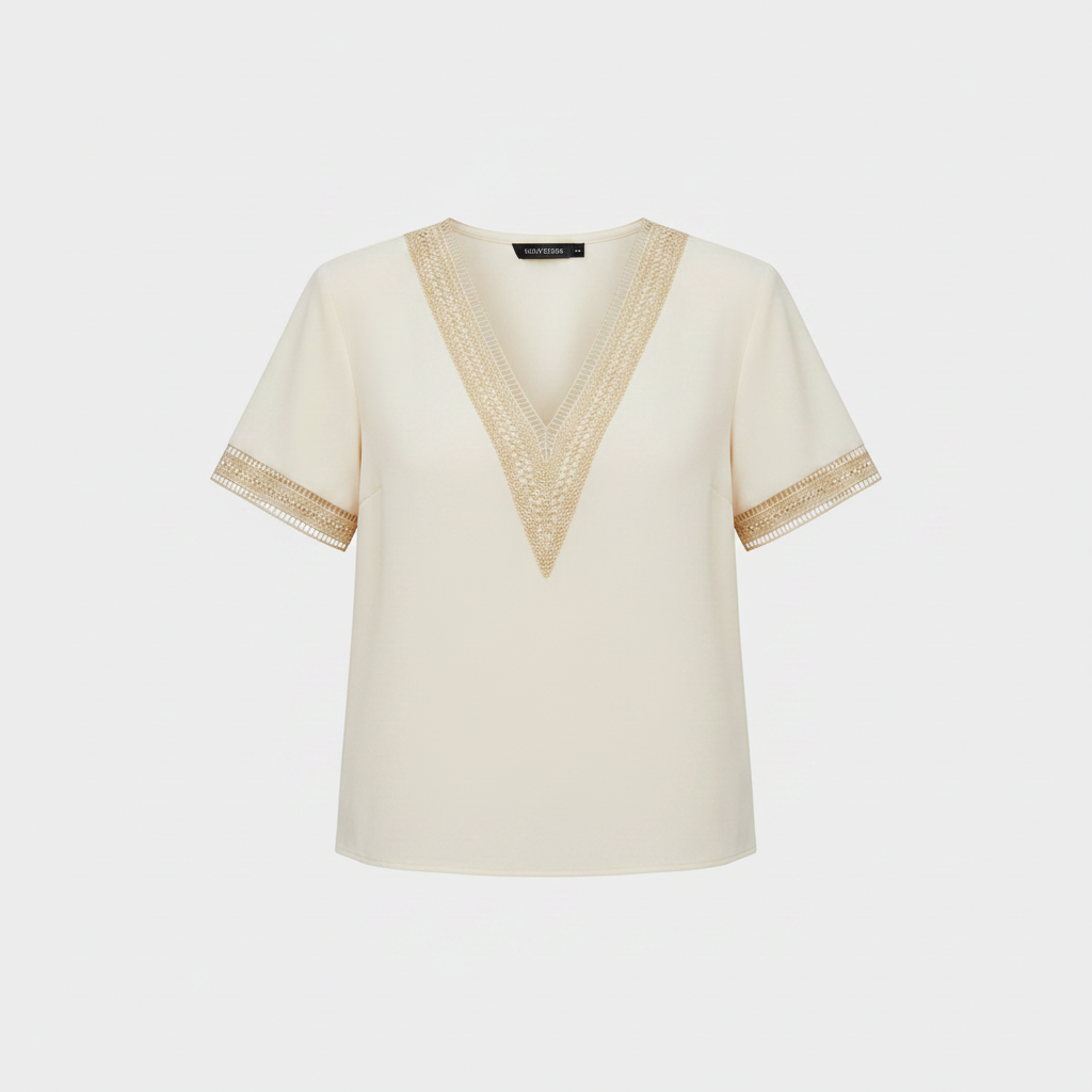 Women's relaxed-fit short-sleeve T-shirt blouse, cream with lace V-neck and sleeve trim