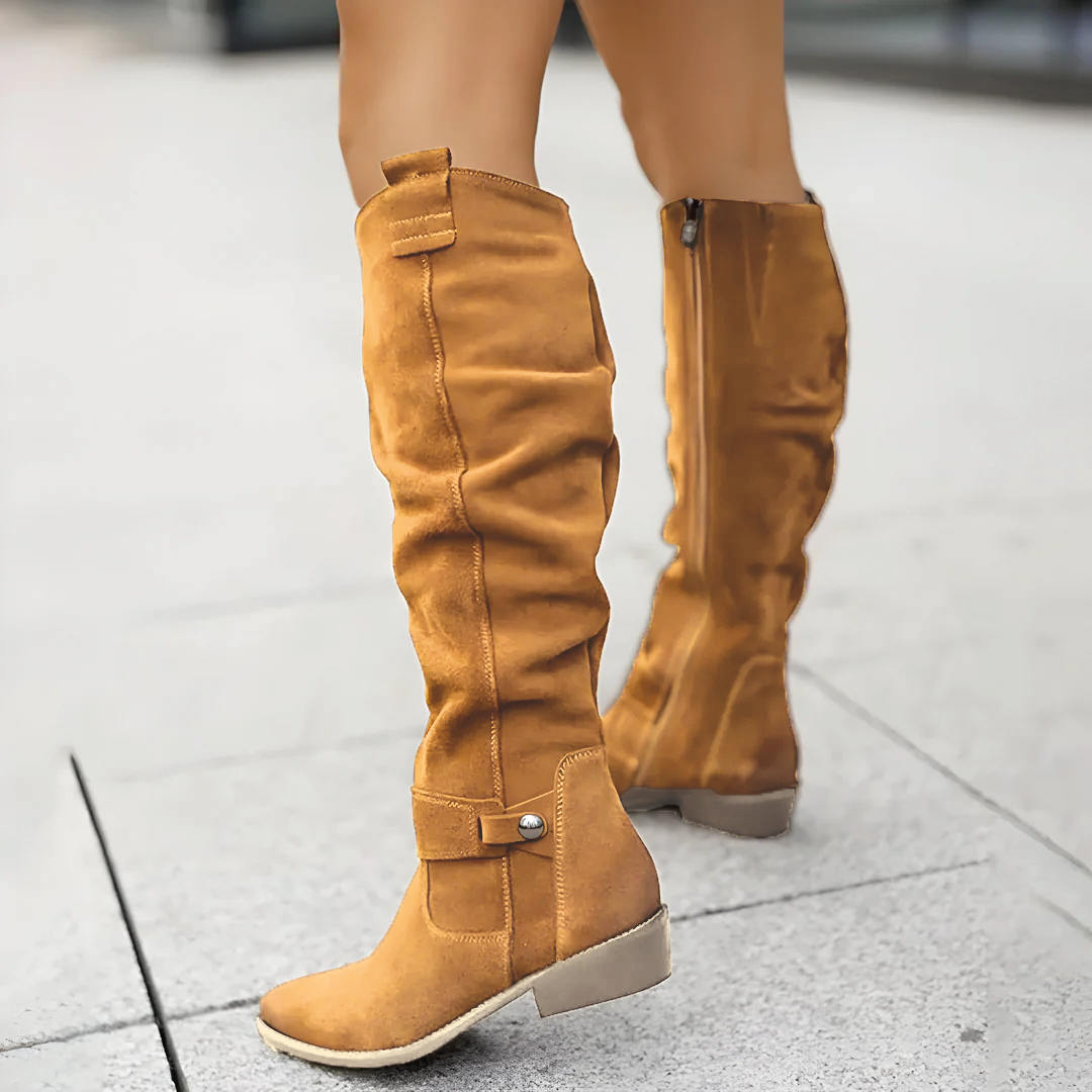 Slouchy knee-high riding boots in mustard, low block heel, slouchy shaft