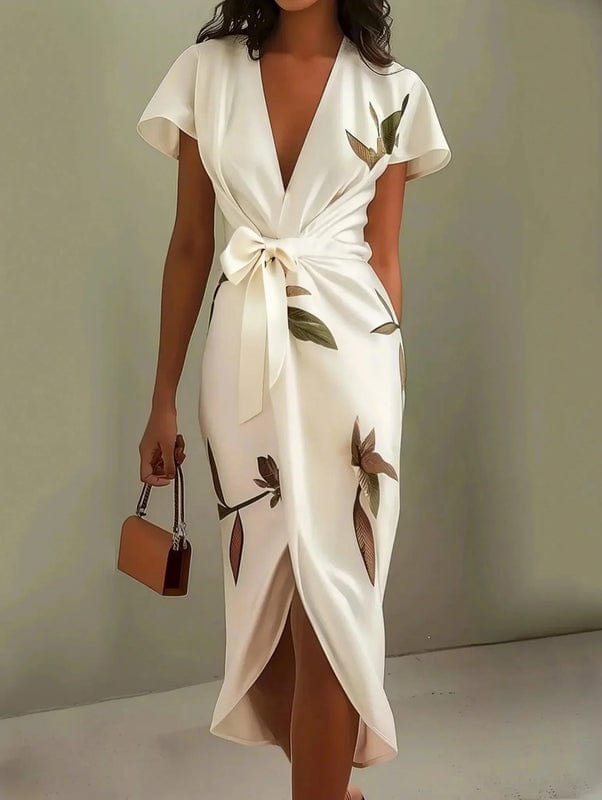 White leaf-print V-neck midi dress with tied waist and front wrap slit