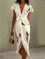 White leaf-print V-neck midi dress with tied waist and front wrap slit