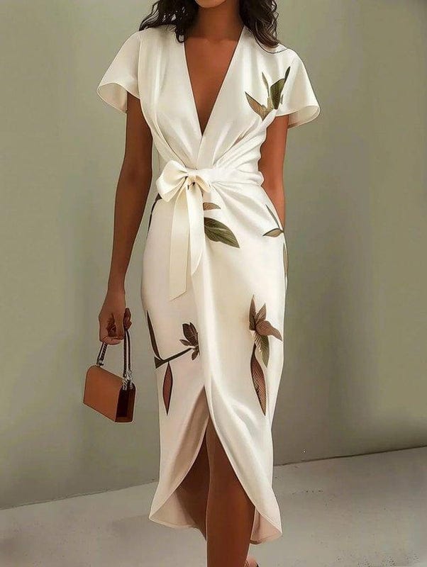 White leaf-print V-neck midi dress with short sleeves, bow waist, wrap front