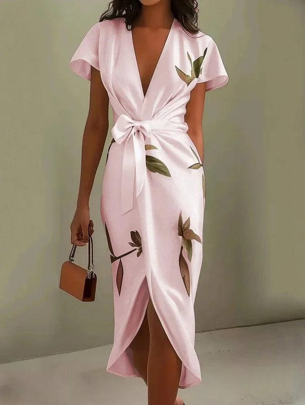 Pink leaf-print V-neck midi dress with tie waist bow and front wrap slit