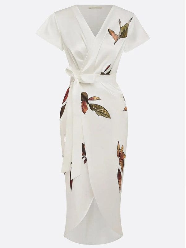 White V-neck midi dress with belt tie and scattered leaf print