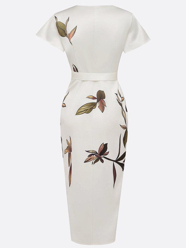 White back-view midi dress with waist belt tie and leaf print
