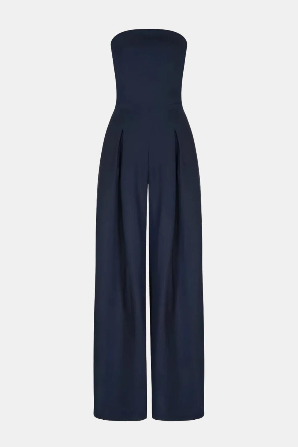 Navy strapless corset wide-leg jumpsuit with curved neckline and pleated bodice