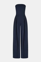 Navy strapless corset wide-leg jumpsuit with curved neckline and pleated bodice