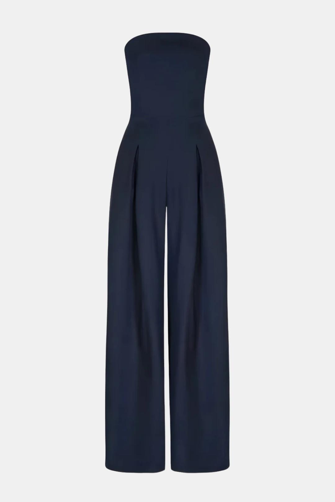 Navy strapless corset wide-leg jumpsuit with curved neckline and pleated bodice