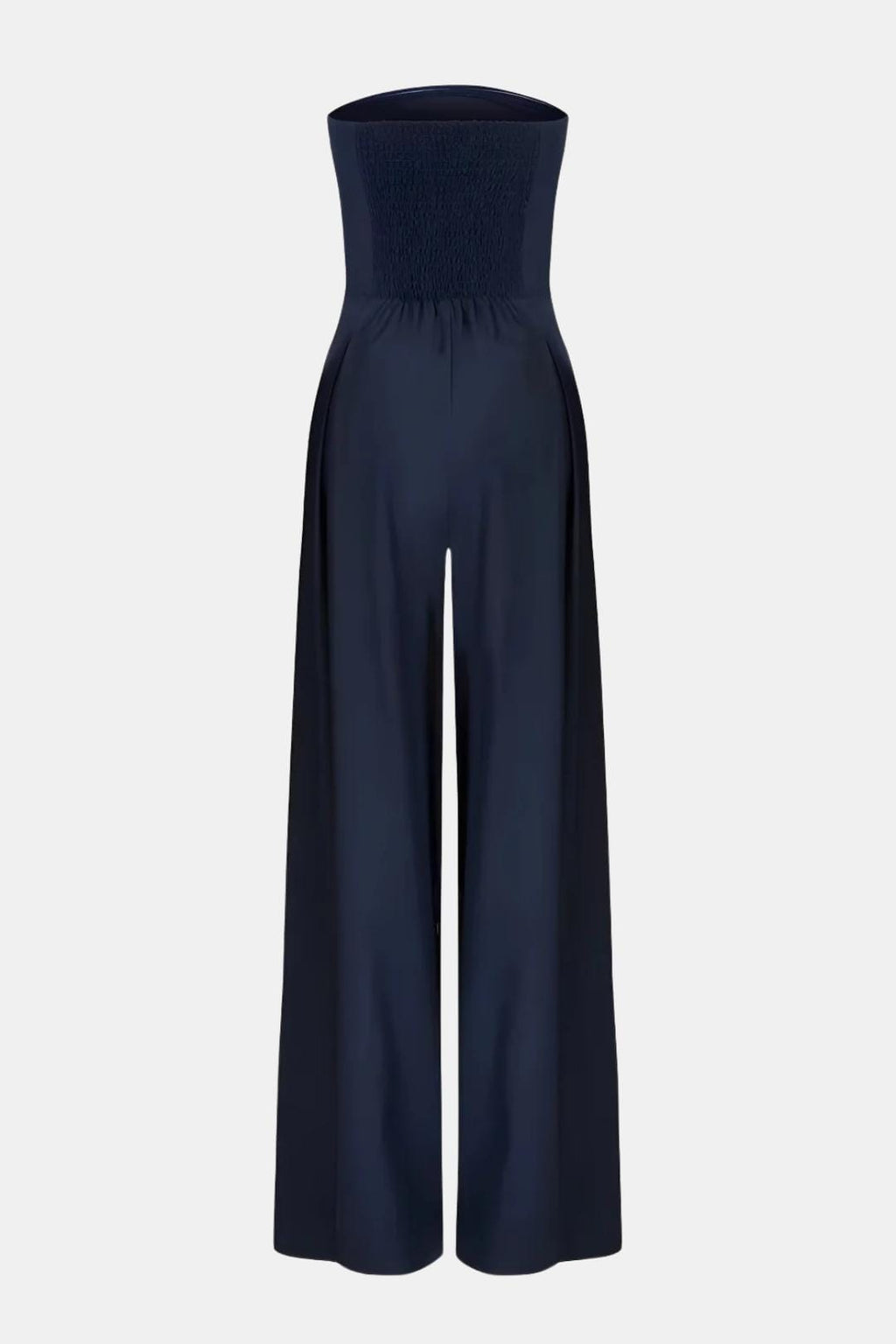 Dark blue strapless corset wide-leg jumpsuit with cinched bodice and wide trousers