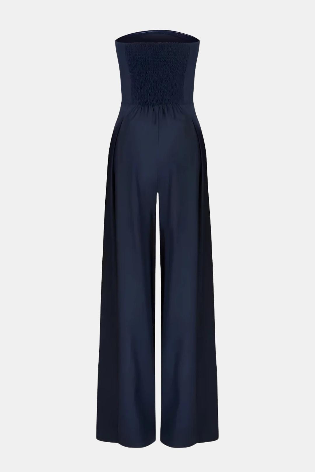 Dark blue strapless corset wide-leg jumpsuit with cinched bodice and wide trousers