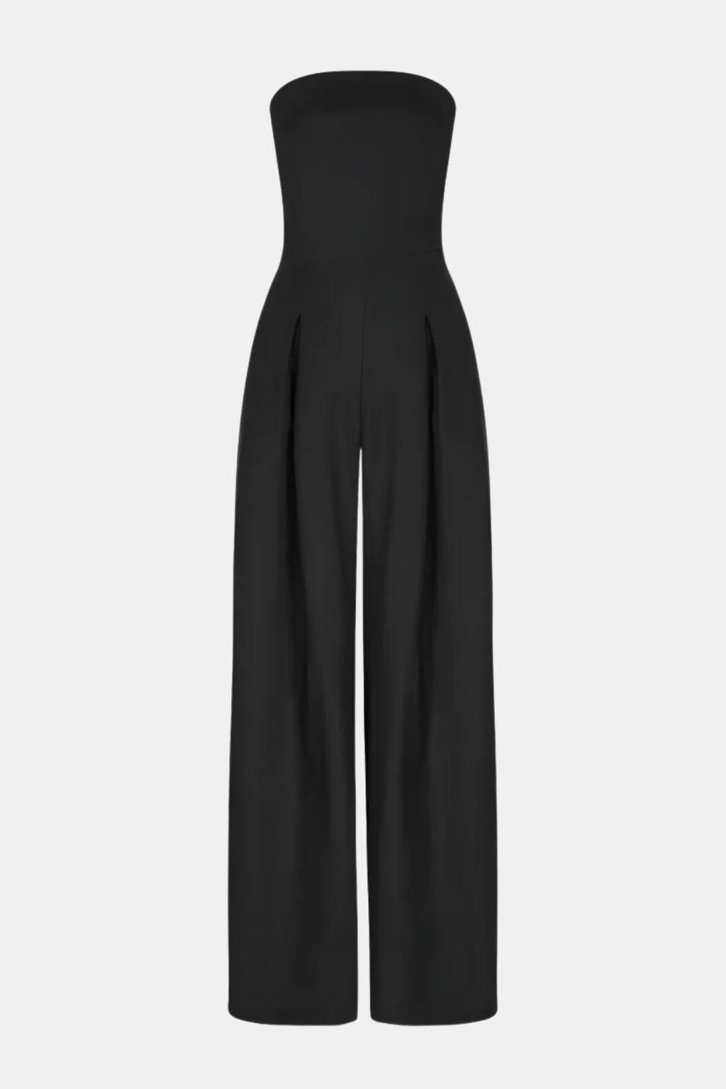 Black strapless corset wide-leg jumpsuit with sculpted bodice and wide pleated legs