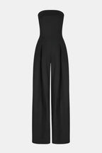Black strapless corset wide-leg jumpsuit with sculpted bodice and wide pleated legs