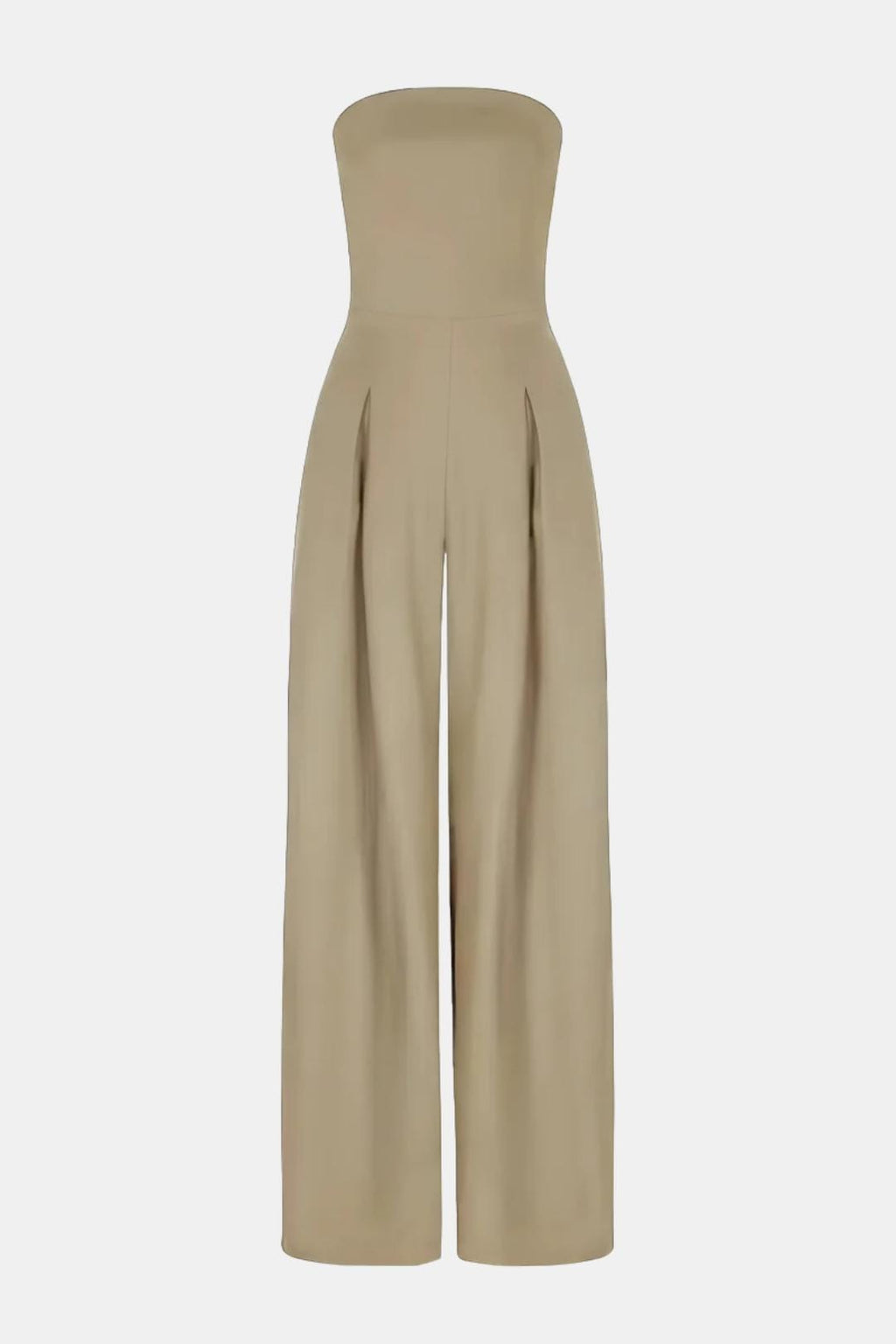 Beige strapless corset wide-leg jumpsuit with gathered waist and wide straight legs