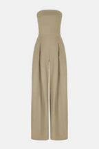 Beige strapless corset wide-leg jumpsuit with gathered waist and wide straight legs