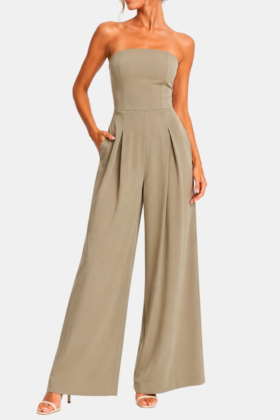 Beige strapless corset wide-leg jumpsuit with gathered waist and flowing wide trousers