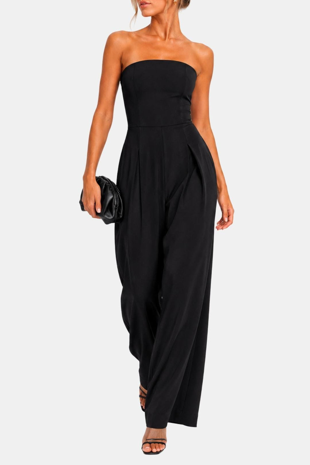 Black strapless corset wide-leg jumpsuit with pleated waist and flowing wide trousers