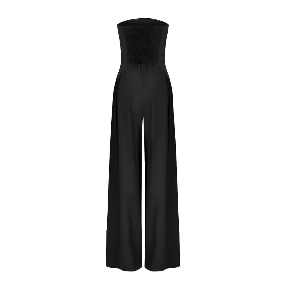 Strapless wide-leg jumpsuit, black, back view with high neckline and wide legs
