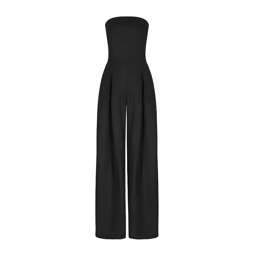 Strapless wide-leg jumpsuit, black, sleeveless strapless bodice with wide pants