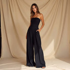 Strapless wide-leg jumpsuit, black, fitted bodice with wide flowing pants