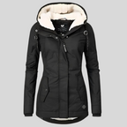 Black long hooded winter coat with faux fur lining, zip front, flap pockets.