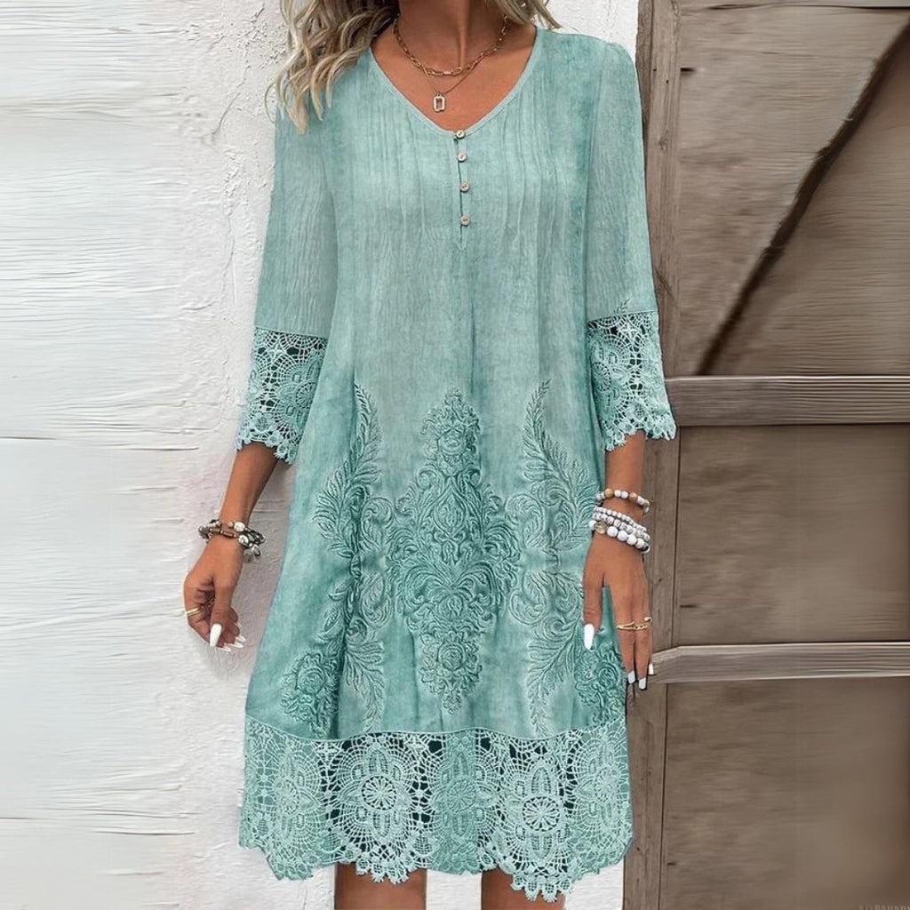 Light green V-neck embroidered midi dress with lace sleeves and hem, button-front