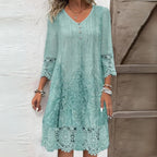 Light green V-neck embroidered midi dress with lace sleeves and hem, button-front
