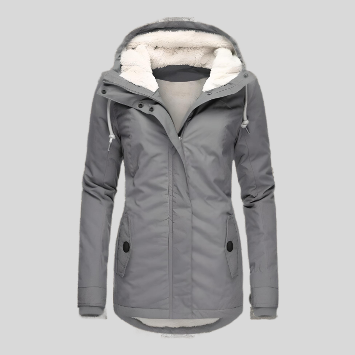Gray long hooded winter coat with faux fur lining, zip front, flap pockets.