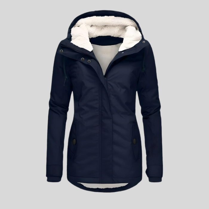 Navy blue long hooded winter coat with faux fur lining, zip front, flap pockets.