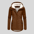 Brown long hooded winter coat with faux fur lining, zip front, flap pockets.