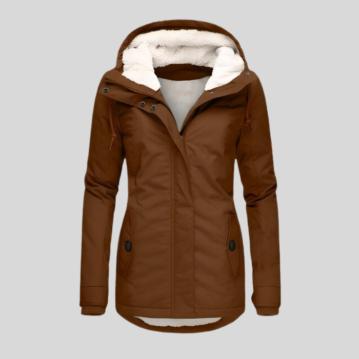 Brown long hooded winter coat with faux fur lining, zip front, flap pockets.