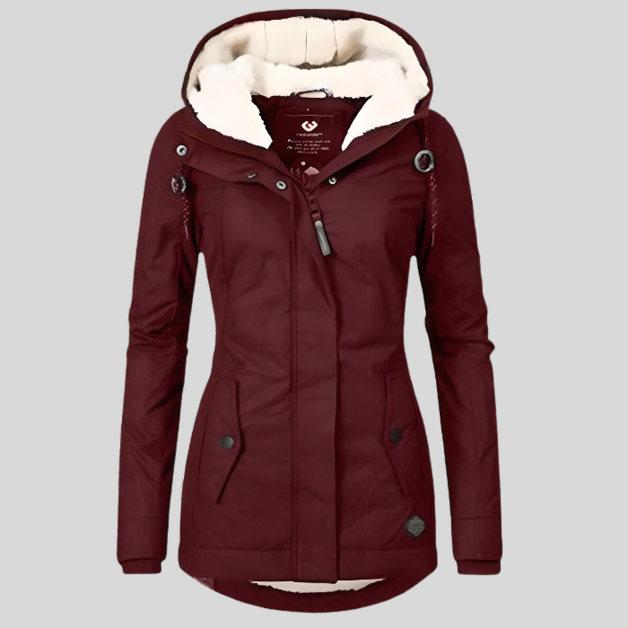 Wine red long hooded winter coat with faux fur lining, zip front, flap pockets.