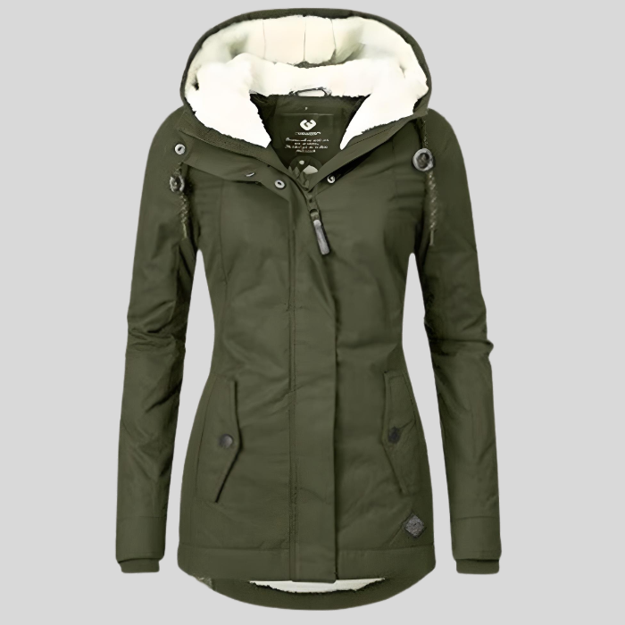 Army green long hooded winter coat with faux fur lining, zip front, flap pockets.