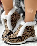 Women's ankle platform boots, leopard print with white faux-fur trim and black edging