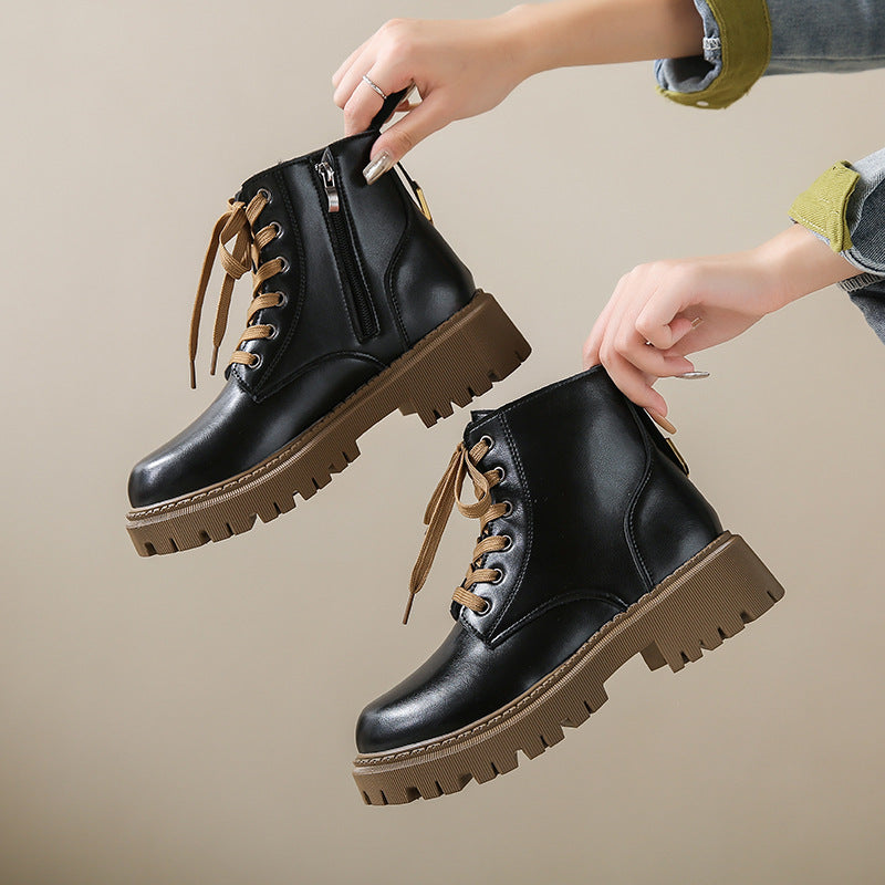 Women’s black lace-up boots with side zipper, round toe, chunky lug sole