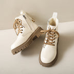 Women's white lace-up ankle boots with side zipper, rugged sole and tan laces
