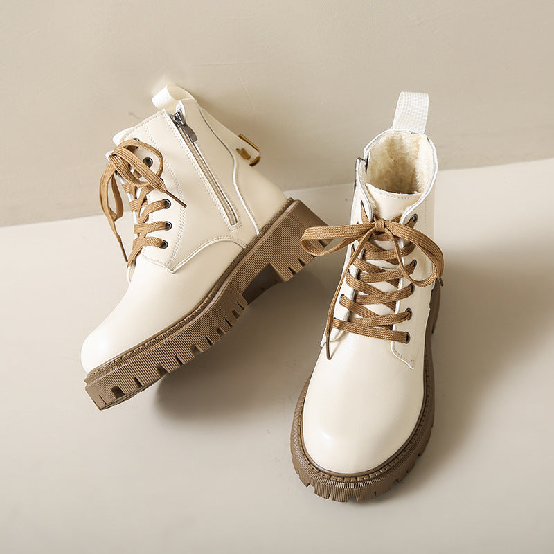Women's white lace-up ankle boots with side zipper, rugged sole and tan laces