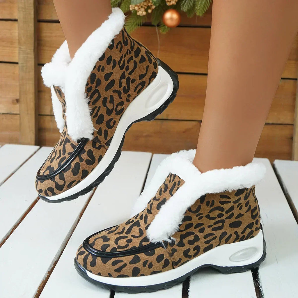 Women’s ankle platform boots with leopard print and white faux-fur collar, thick platform sole.
