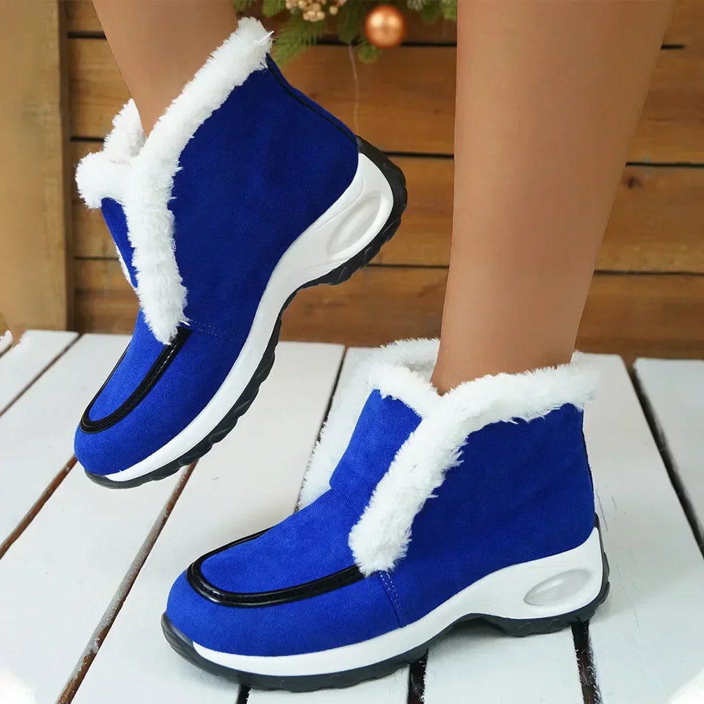 Women's ankle platform boots, royal blue with white faux-fur lining and black trim