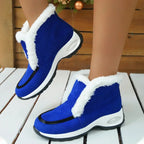 Women's ankle platform boots, royal blue with white faux-fur lining and black trim