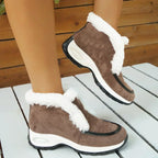 Women’s ankle platform boots in brown suede with white faux-fur trim and rounded platform.